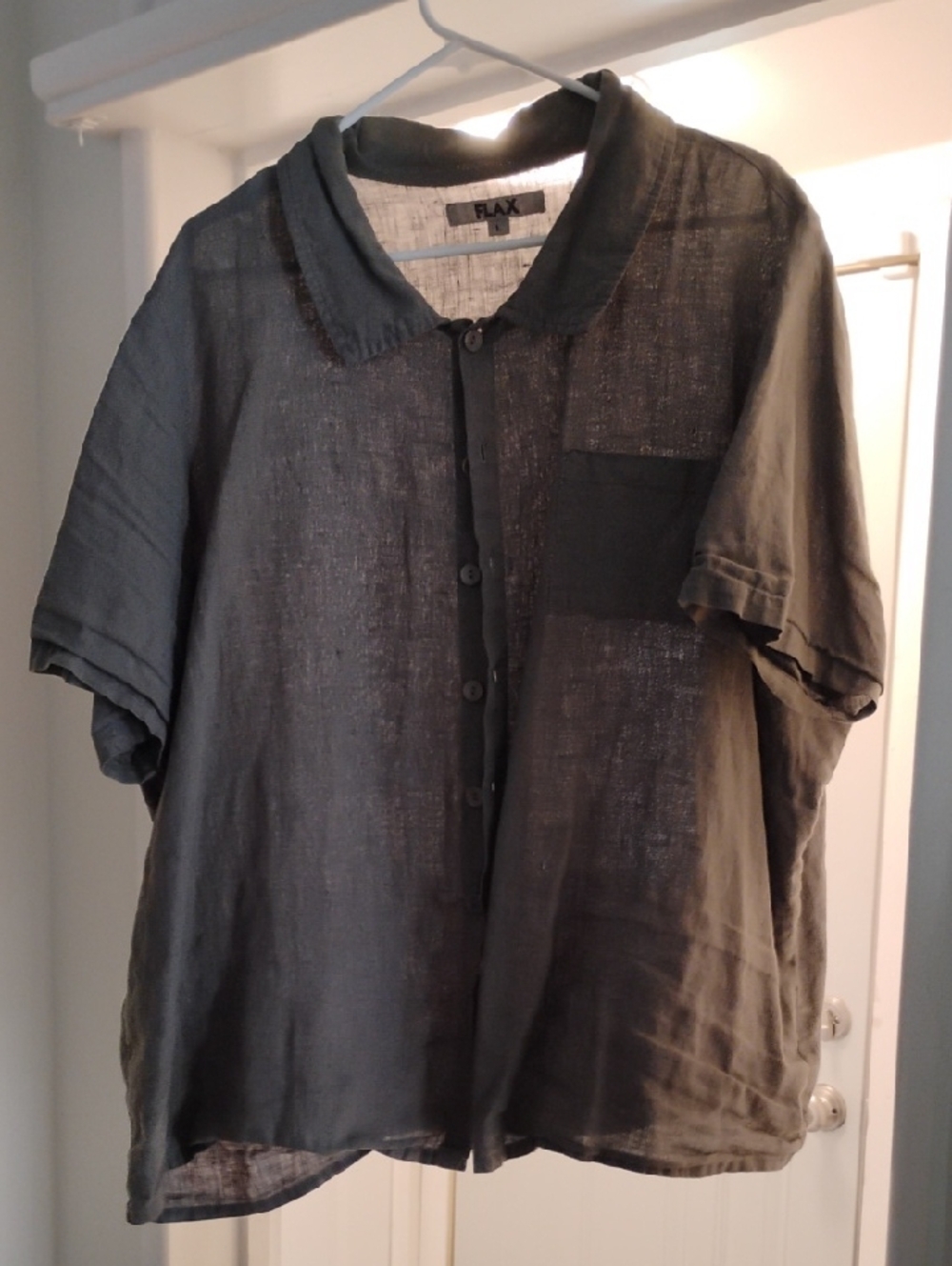 Flax Women’s Short-Sleeve Button Down Shirt in Olive Green